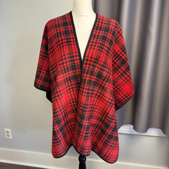 Fleece Red Black Buffalo Plaid Wrap Cape Blanket Poncho Reversible One Size Wmns - Picture 4 of 14